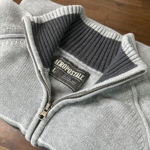 Aeropostale Mens Gray 1/4 Zip Mock Neck Knit Pullover Sweater Large Cotton